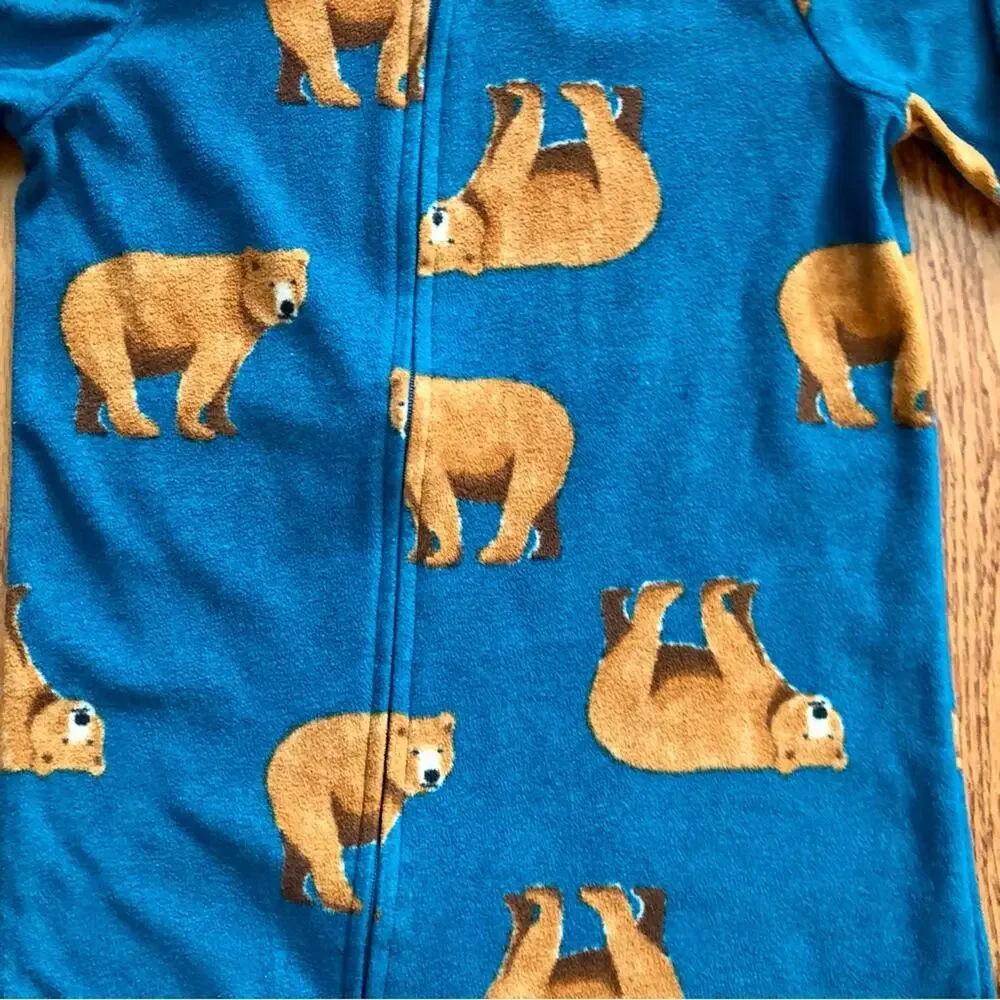 Carter's 1-Piece Bear Print Fleece Footie Teal Brown Pajamas Little Boy’s Size 5